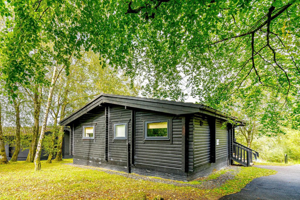 Falstone lodge at Kielder Waterside. The cosy lodge nestled in the trees.