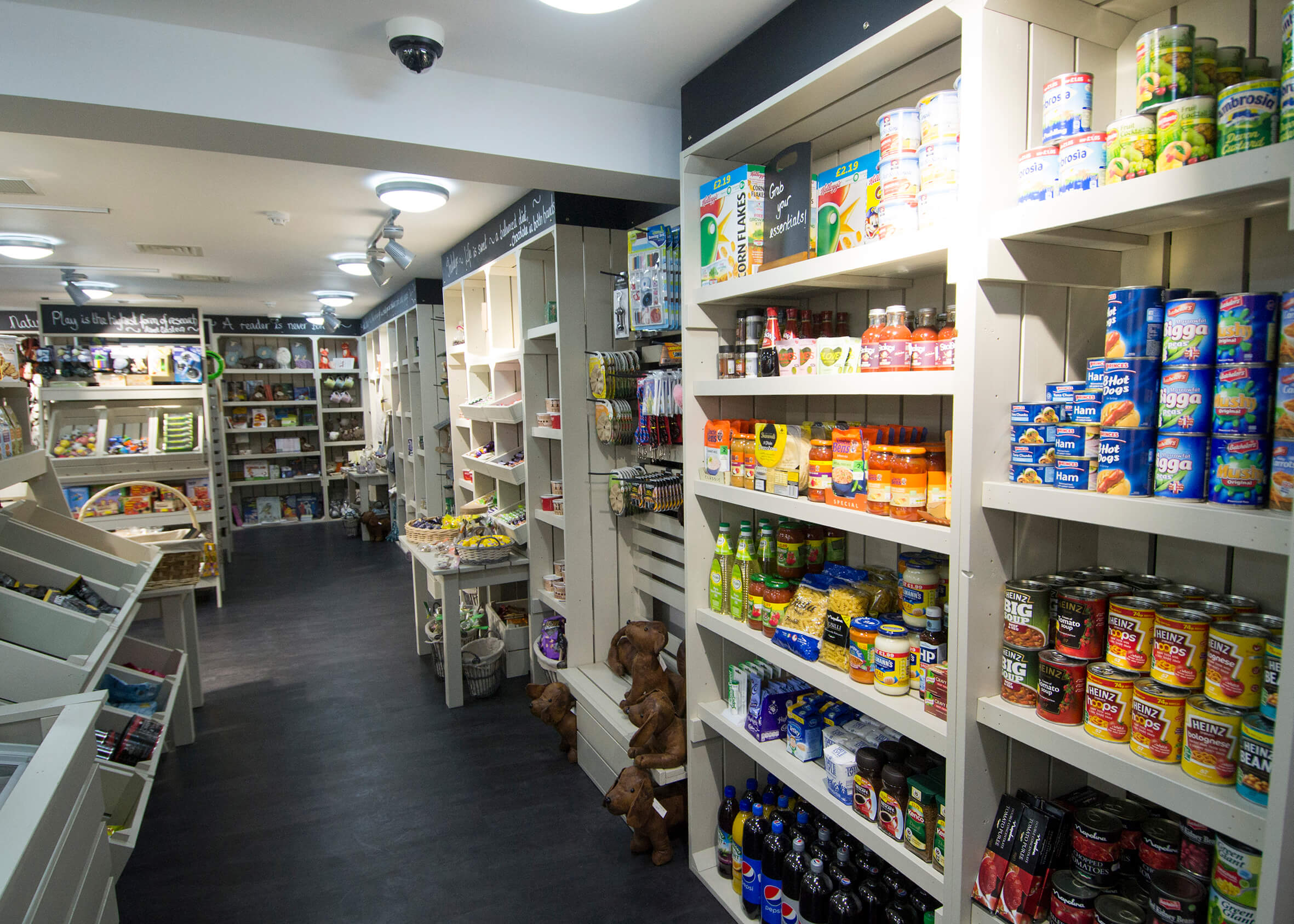 View of shelves in the 24/7 shop at Kielder Waterside