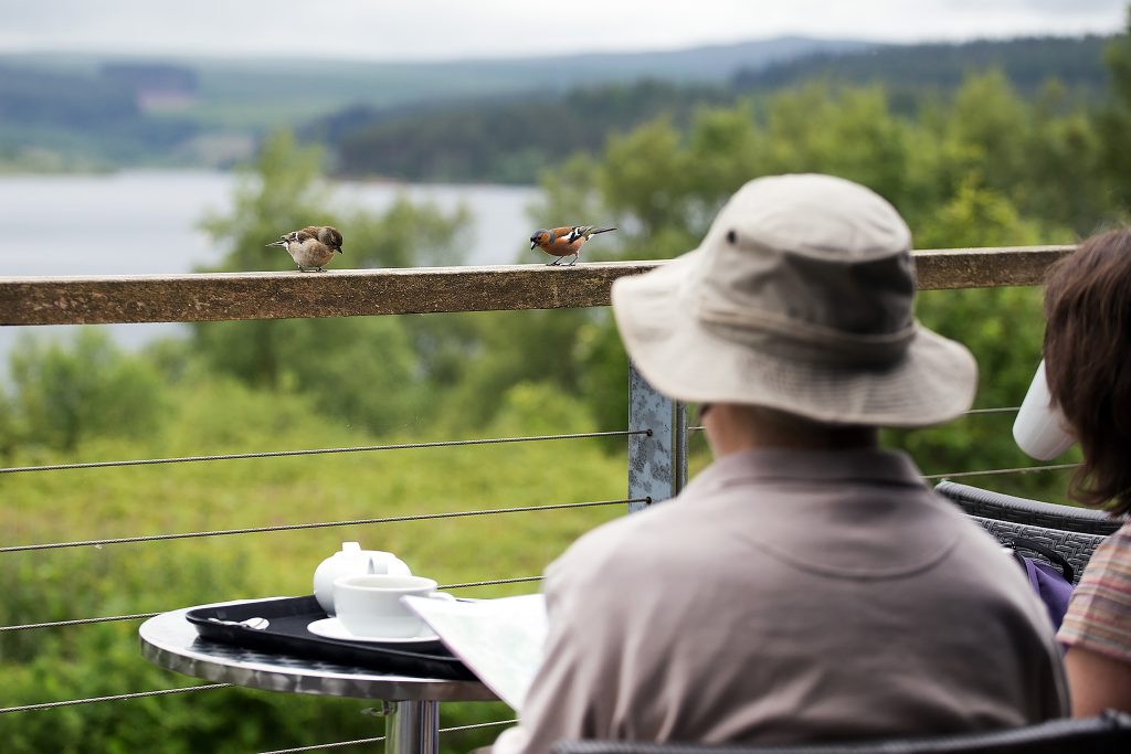 Tower Knowe Kielder Waterside - Two guests enjoying the view over the water whilst having a snack