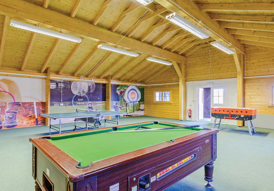 The games room at Kielder Waterside. Featuring table football, pool and ping pong